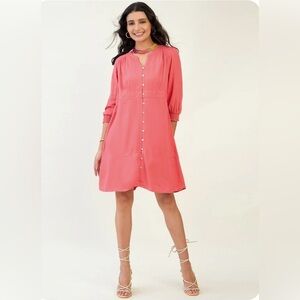 J Jill Linen Blend Button Front Midi Dress with Smocked Cuffs in Guava Size L